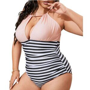 Womens Plus 2X Halter One-Piece Swimsuit Striped Ruched Detail Pink Plus Size
